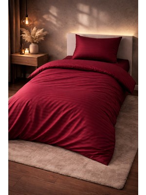 Vionetta Pamuk Saten Otel Serisi Tek Kişilik Nevresim Takımı Bordo Çizgili Lastikli Çarşaflı