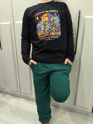 Pidal Giyim Galaktik Aslan Temalı Neon Renk Baskılı Pamuklu Yumuşak Dokulu Uzun Kollu Erkek Çocuk Eşofman Takımı