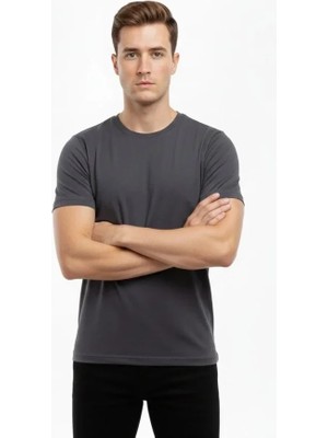 Çamaşır Kenti Erkek Tshirt Bisiklet Yaka Slim Fit Dar Kesim Likralı Tişört Günlük Basic Body  Füme