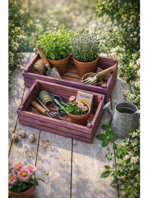 Seymen Bıçakçılık 2’li Rustik Ahşap Bahçe Kasası – Dekoratif Saksı & Organizer Seti
