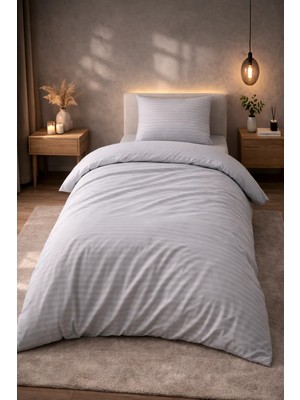 Vionetta Pamuk Saten Otel Serisi Tek Kişilik Nevresim Takımı Gri Çizgili Lastikli Çarşaflı