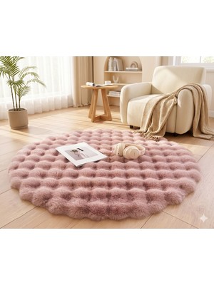 Bubble Yuvarlak Pembe Uzun Tüylü Yumuşak Peluş Kaymaz Yıkanabilir Salon Oturma Odası Balkon Halısı