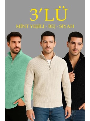 Çamaşır Kenti Erkek Fitilli Triko Kazak 3’lü Set – Mint Yeşili, Siyah, Bej Kalın Dokuma Pamuklu Regular Fit V Yaka Fermuarlı Uzun Kollu Rahat Kışlık Kazak Kombini