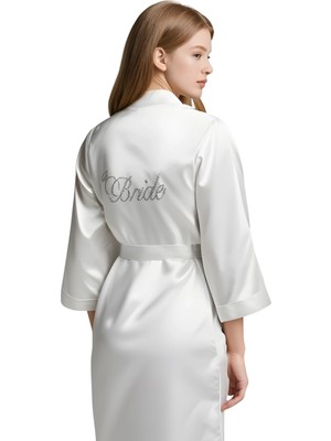 Beyaz Saten Bride Sabahlık Zarif Kadın Ev Giyim