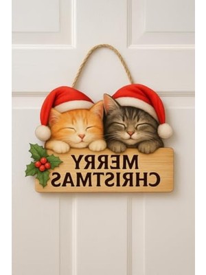 MarkEntegra Ahşap Yılbaşı Kapı Süsü, Sevimli Kedili Tasarım (30X18 Cm)