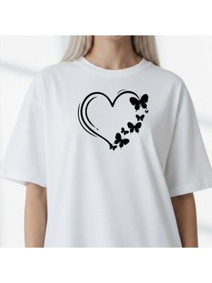 Etoile Studio Kırmızı Siyah Kalp Kelebek Baskılı Oversize Kesim Bisiklet Yaka Oversize Tişört