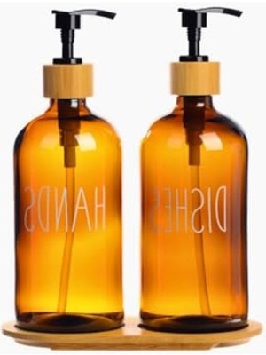 MarkEntegra Bambu Standlı Amber Cam Sıvı Sabunluk Seti - 2'li 475 ml