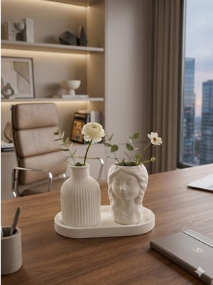 El Yapımı Taş Tozu 3’lü Dekoratif  Vazo,kız ve Tabak Seti  Modern Salon ve Ev Dekorasyon Objesi