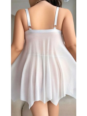 Çamaşır Kenti Büyük Beden Beyaz Ivory Whisper Kalın Askılı Kurdelalı Fantezi Tül Gecelik