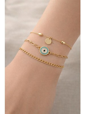 Nati Co Altın Renk Nazar Boncuklu 3’lü Kadın Bileklik Seti – Minimal Zincir Tasarım