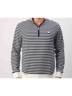 Lacoste Fermuar Yaka Regular Fit Ekru Çizgili Sweatshirt