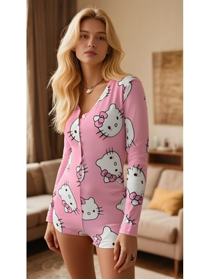 Çamaşır Kenti Pink Cat Dream Pamuklu Pembe Kedi Desenli Düğmeli Uzun Kol Tulum Pijama