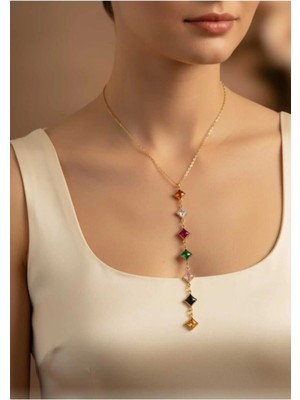 Nati Co Çok Renkli Baget / Kare Taşlı Gold Renk Kolye