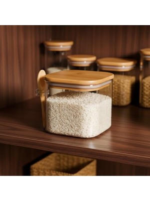 MarkEntegra 600 ml Bambu Kapaklı Cam Kavanoz - Kaşıklı Tasarım, Vakumlu Kapak