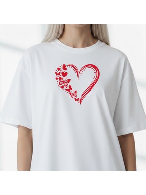 Etoile Studio Kırmızı Siyah Kalp Kelebek Baskılı Oversize Kesim Bisiklet Yaka Oversize Tişört