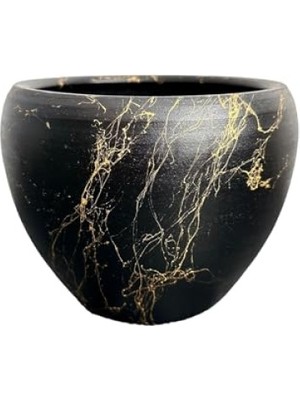 MarkEntegra Siyah Üzeri Gold Mermer Efektli Toprak Saksı - 15 cm - Şık Tasarım