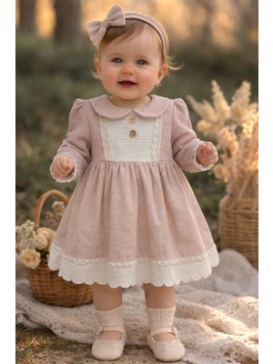 Tarz Çocuk Kız Bebek Pudra Yakalı Dantel Detaylı Elbise 9-24 Ay - Uzun Kollu Vintage Mevsimlik Bebek Elbisesi Özel Gün & Doğum Günü