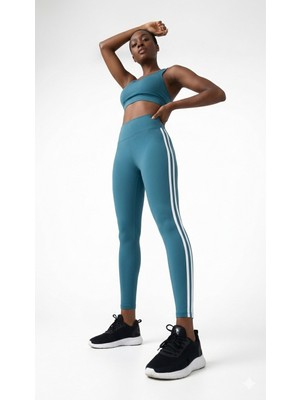 H1Style Yüksek Bel Sporcu Sıkılaştırıcı Çizgili Esnek Tayt Petrol Mavisi