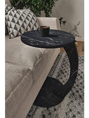 MarkEntegra Tekerlekli C Şeklinde Yan Sehpa - Siyah Mermer Desen