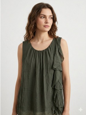 Della Moor Haki Italyan Sıfır Kol Önü Fırfırlı Astarlı Ipek Bluz