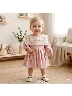 Beren Kız Bebek Müslin Elbise %100 Pamuk Kalp Nakışlı Bayramlık Fisto Yaka Elbise