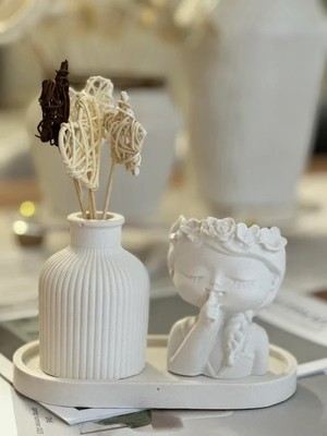 El Yapımı Taş Tozu 3’lü Dekoratif  Vazo,kız2 ve Tabak Seti  Modern Salon ve Ev Dekorasyon Objesi