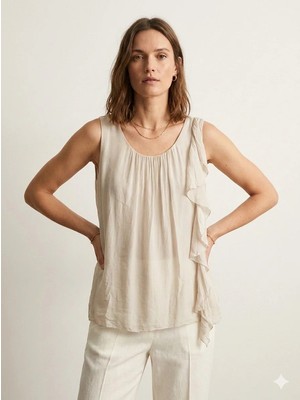 Della Moor Bej Italyan Sıfır Kol Önü Fırfırlı Astarlı Ipek Bluz