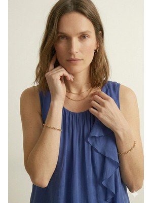 Della Moor Saks Mavi Italyan Sıfır Kol Önü Fırfırlı Astarlı Ipek Bluz