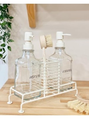 MarkEntegra Sabun ve Deterjan Dispenser Seti - Demir Çiftli Pompa ve Sünger Standı - 500 ml Bej