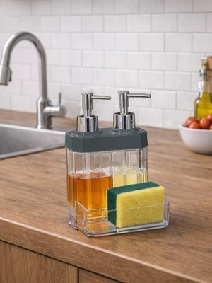Padilon 2 Bölmeli Şeffaf Sıvı Sabunluk ve Süngerlik Mutfak Için Modern Sabun Dispenseri