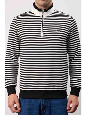 Lacoste Fermuar Yaka Regular Fit Ekru Çizgili Sweatshirt