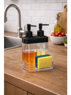Padilon 2 Bölmeli Şeffaf Sıvı Sabunluk ve Süngerlik Mutfak Için Modern Sabun Dispenseri