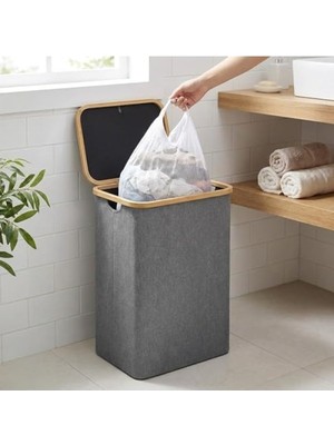 MarkEntegra Bambu Çerçeveli Kirli Çamaşır Sepeti - Katlanabilir Tasarım