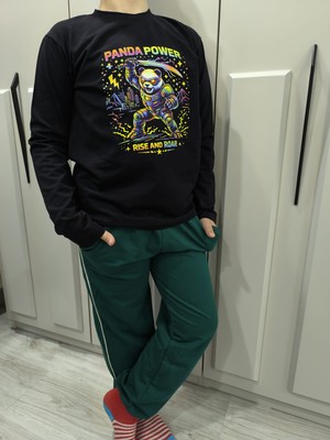 Pidal Giyim Panda Gücü Temalı Neon Renk Baskılı Pamuklu Yumuşak Dokulu Uzun Kollu Erkek Çocuk Eşofman Takımı