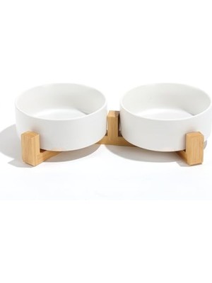 MarkEntegra Seramik Mama Kabı ve Bamboo Stand Seti (2X850ML, Beyaz)