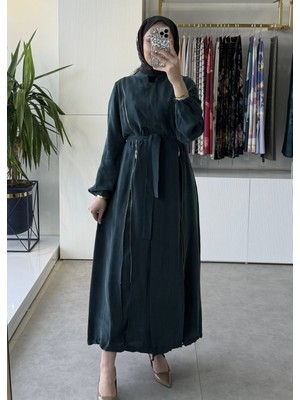 Misswhence 39501 Fermuar Detaylı Ipek Ferace Yeşil