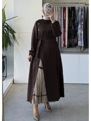 Misswhence 39806 Ipek Keten Ikili Elbise Kahverengi