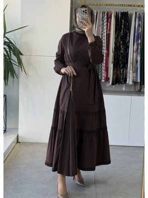 Misswhence 39807 Fermuar ve Dikiş Detaylı Poplin Elbise Kahverengi