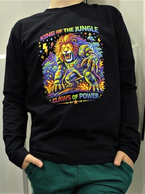 Pidal Giyim Galaktik Aslan Temalı Neon Renk Baskılı Pamuklu Yumuşak Dokulu Uzun Kollu Erkek Çocuk Sweatshirt