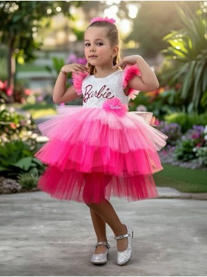 Bes Trend Kız Çocuk Pullu Tokalı Kat Kat Omuz Detaylı  Kız Çocuk Elbise