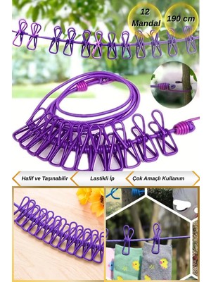 190 cm Taşınabilir Seyahat Tipi 12 Adet Kendinden Klipsli Çamaşır Ipi