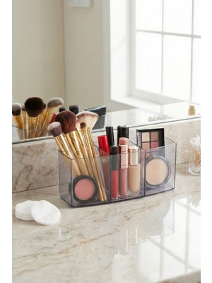 3 Bölmeli Şeffaf Akrilik Makyaj Organizeri, Fırçalık ve Rujluk