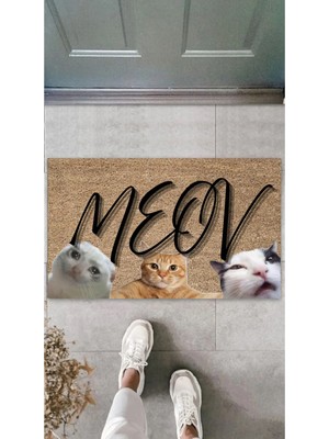 Meov Kedi Temalı Dijital Baskılı PVC Malzeme Kaymaz Tabanlı 70x45 cm Kapı Önü Paspası