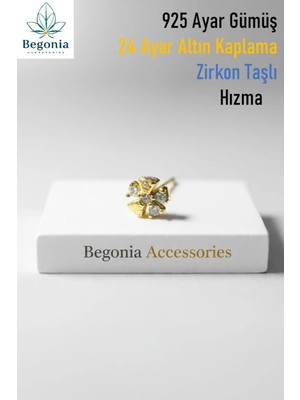 Begonia Accessories 925 Ayar Gümüş Zirkon Taşlı 5 Yaprak Gold Piercing Hızma Küpe