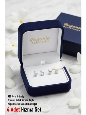 Begonia Accessories 925 Ayar Gümüş 4 Adet Zirkon Tek Taş Küpe Olarak Kullanıma Uygun Hızma Set