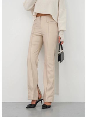 Cosmos E-Ticaret Ispanyol Yırtmaçlı Paça Deri Pantolon Bej Hn