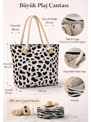 Büyük Boy Monokrom Desenli Plaj Çantası 28 Litre Halat Saplı Iç Cepli Çok Şık