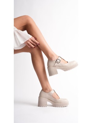 Alfaze Bej Rugan Kemerli Günlük Dolgu Topuklu Ayakkabı