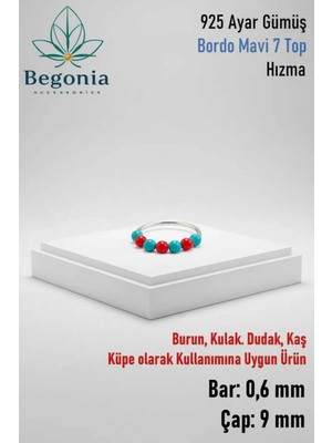 Begonia Accessories 925 Ayar Gümüş Piercing 7 Top Bordo Mavi Boncuklu Halka Hızma & Kıkırdak Küpe