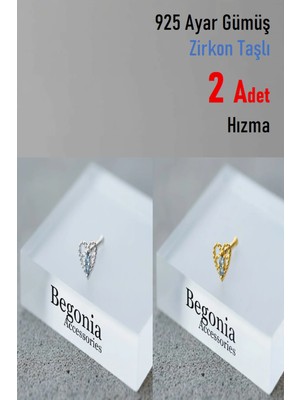 Begonia Accessories 925 Ayar Gümüş 24 Ayar Altın Kaplama Zirkon Taşlı Kalp Hızma Set 2 Adet